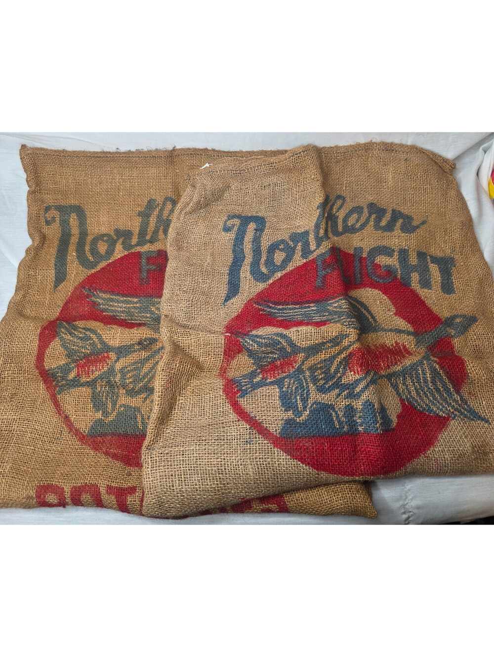Lot of 2 Vintage Northern Flight Burlap Potato Sacks 50lb Duck Goose Graphic (1)